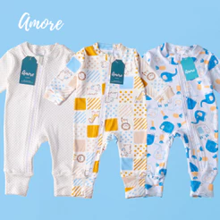 Kit 3 Macacão Bebe Amore Pé Reversível Clássico Menino Infantil RN ao GG Maternidade 100% Algodão