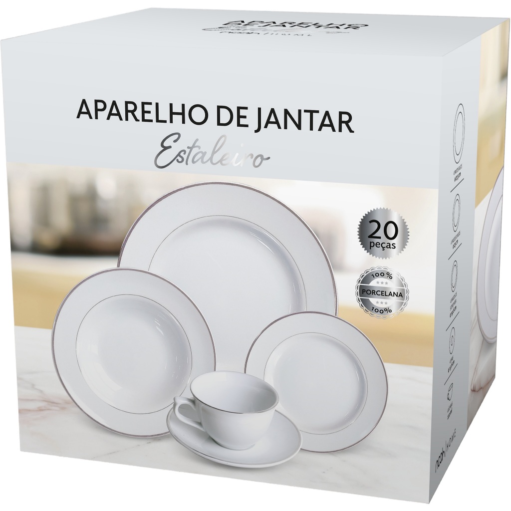 Jogo de Jantar Estaleiro Porcelana Prateado Completo 20 Peças Elegante Mesa