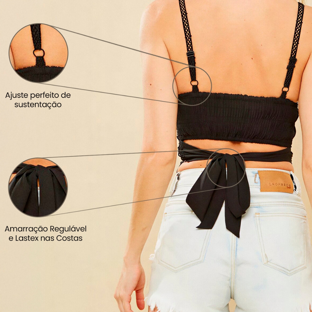 Cropped Feminino Renda Blusa Floral Amarração Primavera Festa Verão Look Ano Novo — imagem 2 de 2