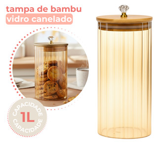 Pote Vidro Borossilicato Canelado Âmbar Com Tampa de Bambu 1000ml Puxador Luxo