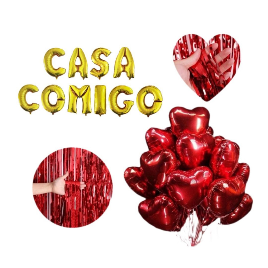 Kit Casa Comigo Dourado Balão Metalizado + 1 Cortina de Fitilho Vermelha + 4 coração G e 4 Coração P
