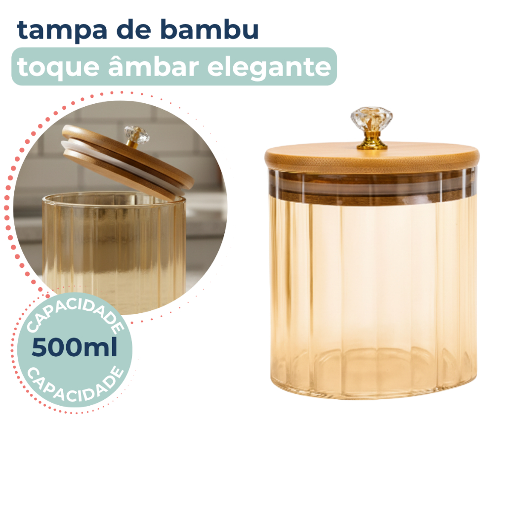 Pote Vidro Borossilicato Canelado Âmbar Com Tampa de Bambu 500ml Puxador Luxo
