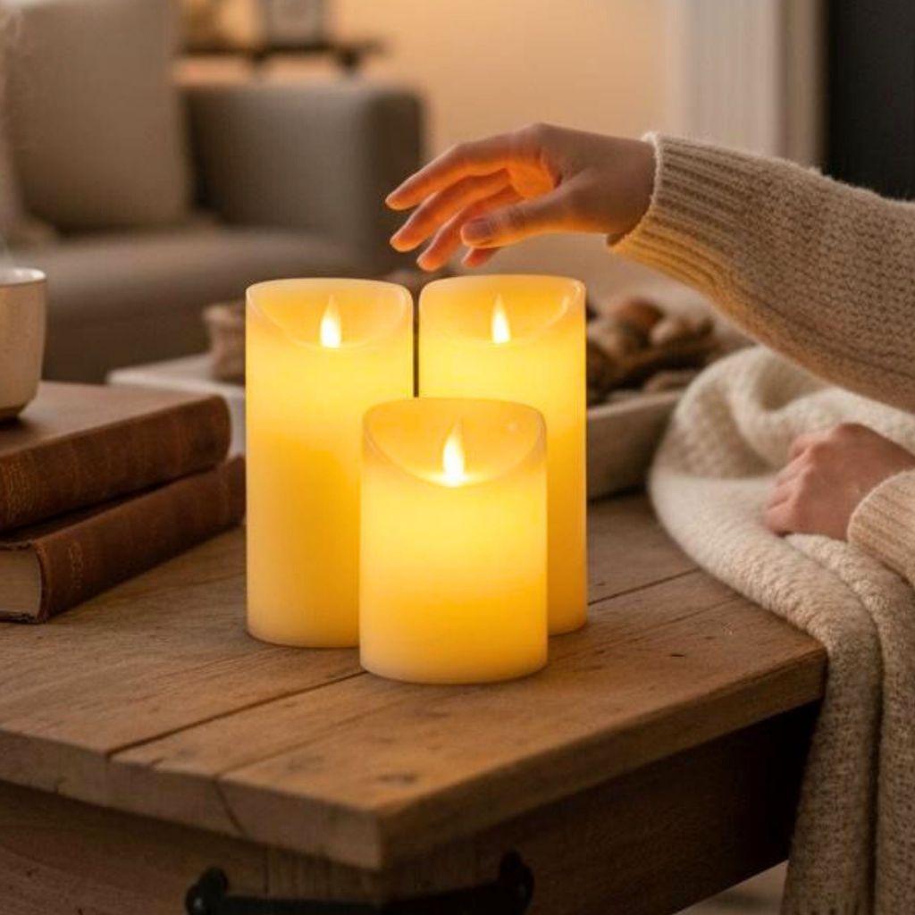 Kit 3 Luminária Vela De Led Cilíndrica Chama Em Movimento Decorativa 10cm/12.5cm/15cm