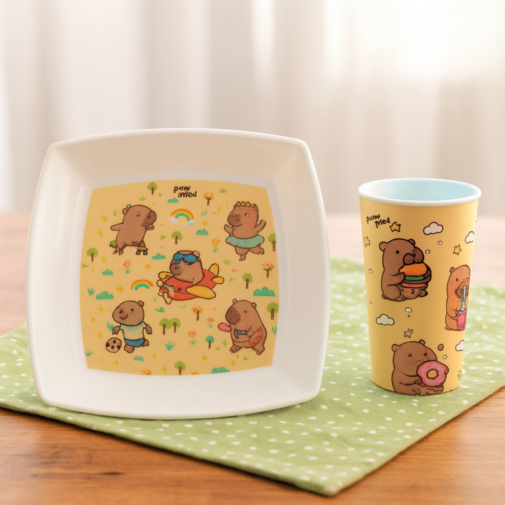 Kit 2 Pçs Primeira Refeição Capivara Prato Copo Plástico Criança Infantil Creche Merenda em Oferta na Shopee