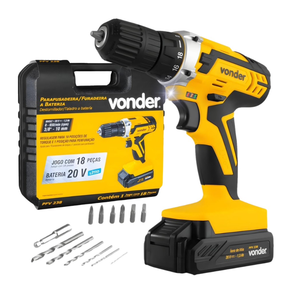 Parafusadeira Furadeira PFV238I Com Impacto 20V Bateria 2 Velocidades Mandril 13mm Vonder em Oferta na Shopee