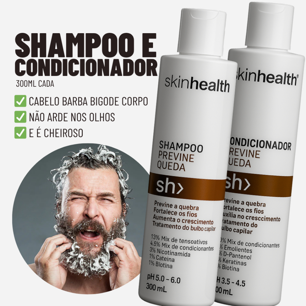 Kit Masculino Lava Tudo – Shampoo + Condicionador Antiqueda Cabelo Barba Bigode - Não Arde os Olhos