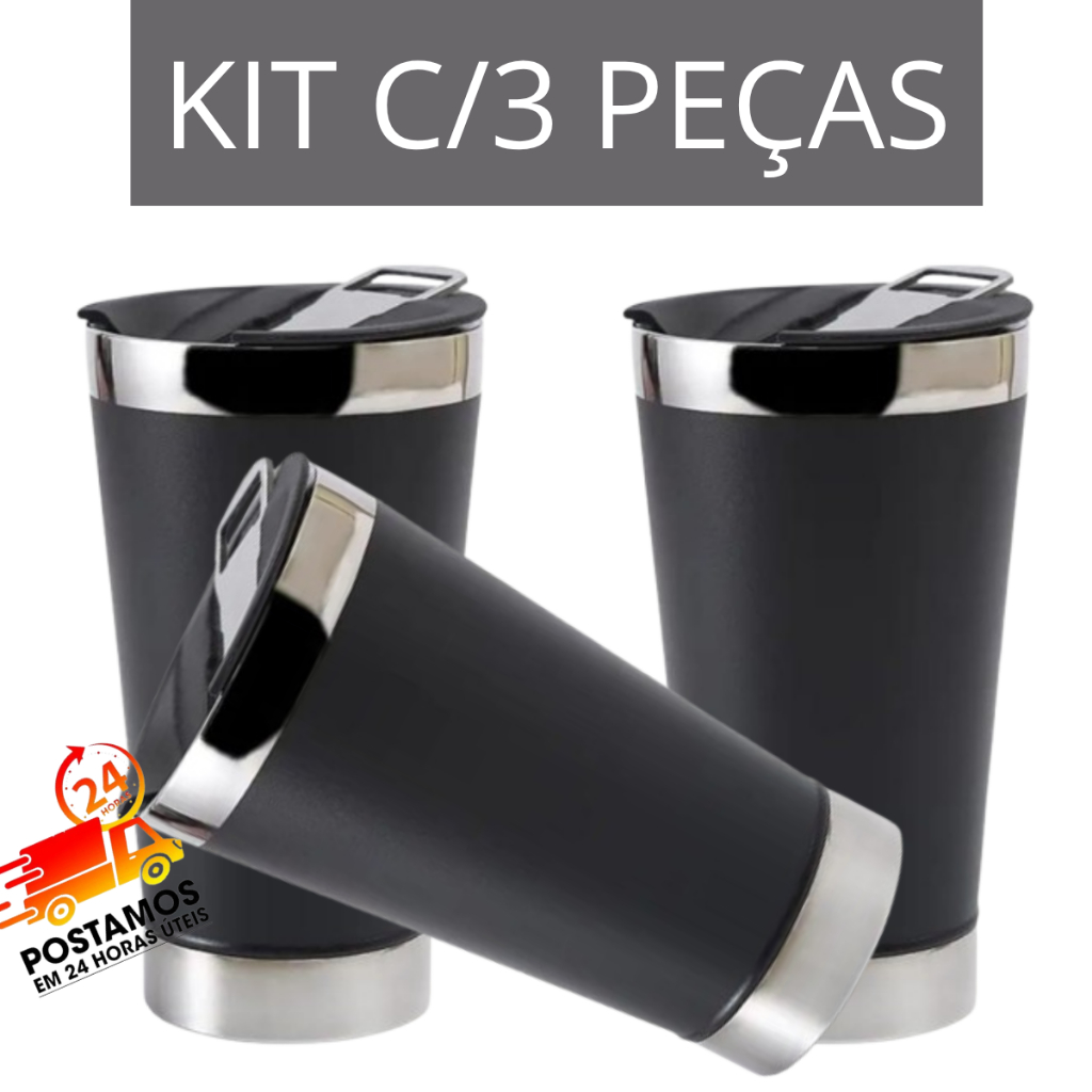 Kit 3 Copos Térmico 500ml Inox Mantém Gelado 4 Horas + Abridor de Garrafa Cerveja Gelada ZQL-014