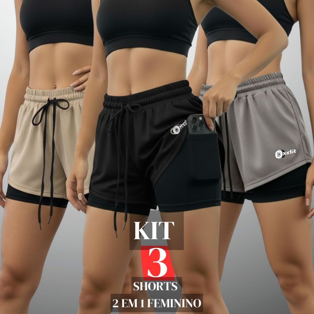 Kit 3 Shorts 2 Em 1 Feminino Dryfit Bolso Interno Bermuda Para Academia Treino E Caminhada