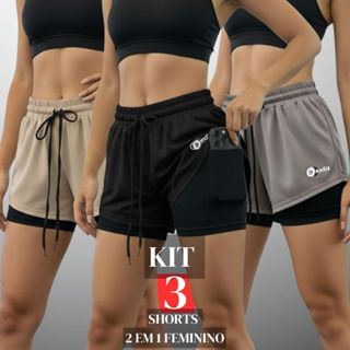 Kit 3 Shorts 2 Em 1 Feminino Dryfit Bolso Interno Bermuda Para Academia Treino E Caminhada em Oferta na Shopee