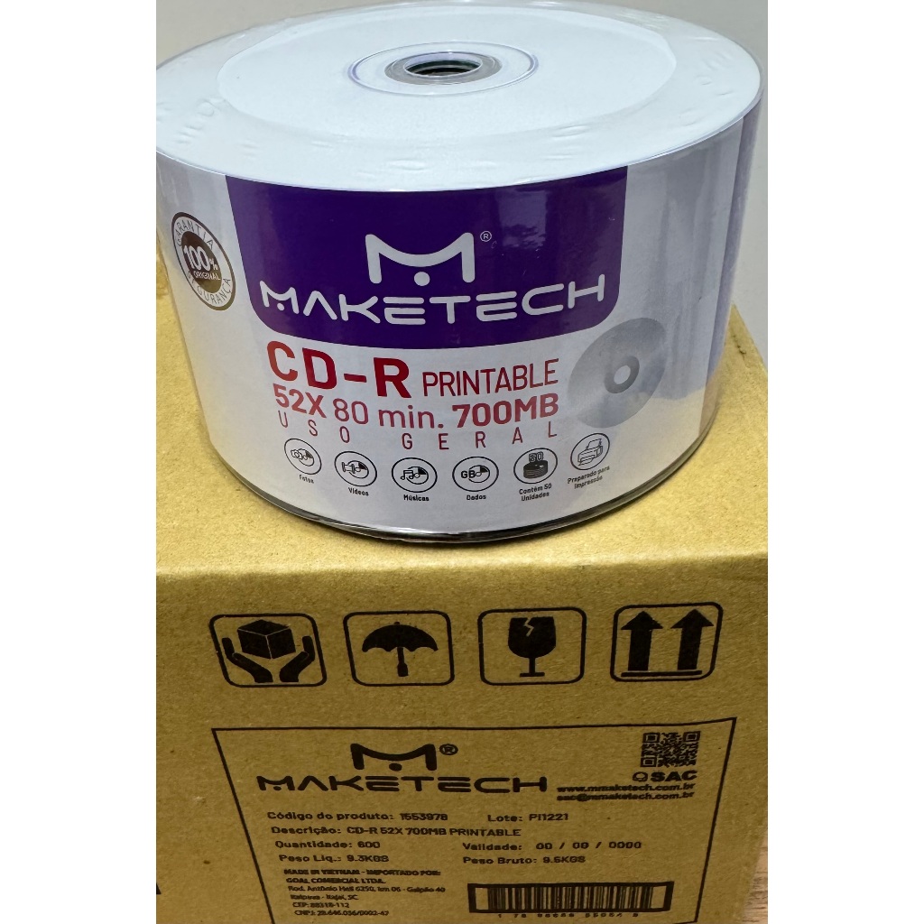 CD-R PRINTABLE MAKETECH 52X, 80 MIN , 700 MB, IMPRIMIVEL. 50 MIDIAS..