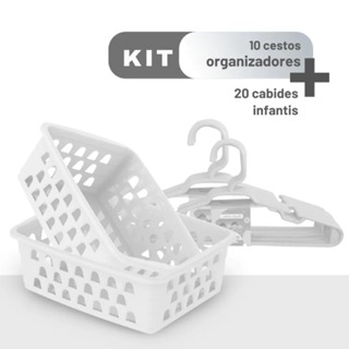 Kit 20 Cabides Infantis + 10 Cestos Organizadores Brancos para Guarda-Roupa em Oferta na Shopee