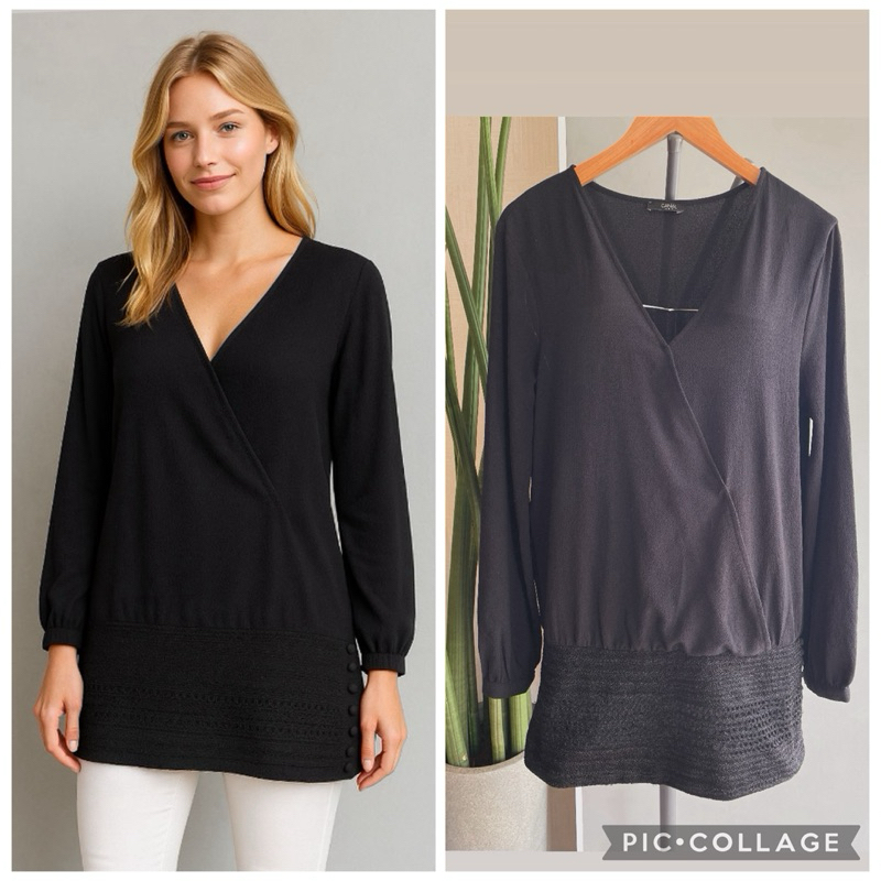 Blusa tecido crepe, manga longa, decote traspassado, barra em Laise e botões na lateral.