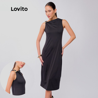 Lovito Vestido Elegante Preto Midi Basico Liso com Fivela para Mulheres LB937BRL967 em Oferta na Shopee