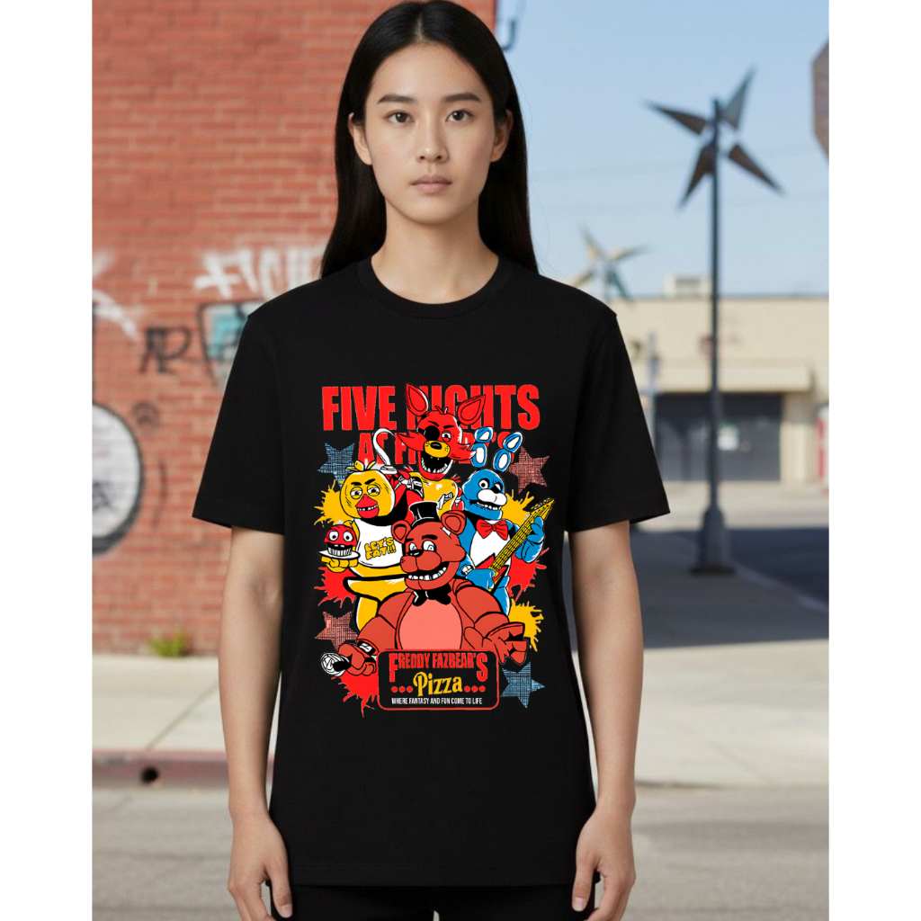 FIVE NIGHTS CAMISETA ESTAMPADA PRETA ALGODAO 100% ATE FREDDYS FILME TERROR JOGO ORROR DESENHO