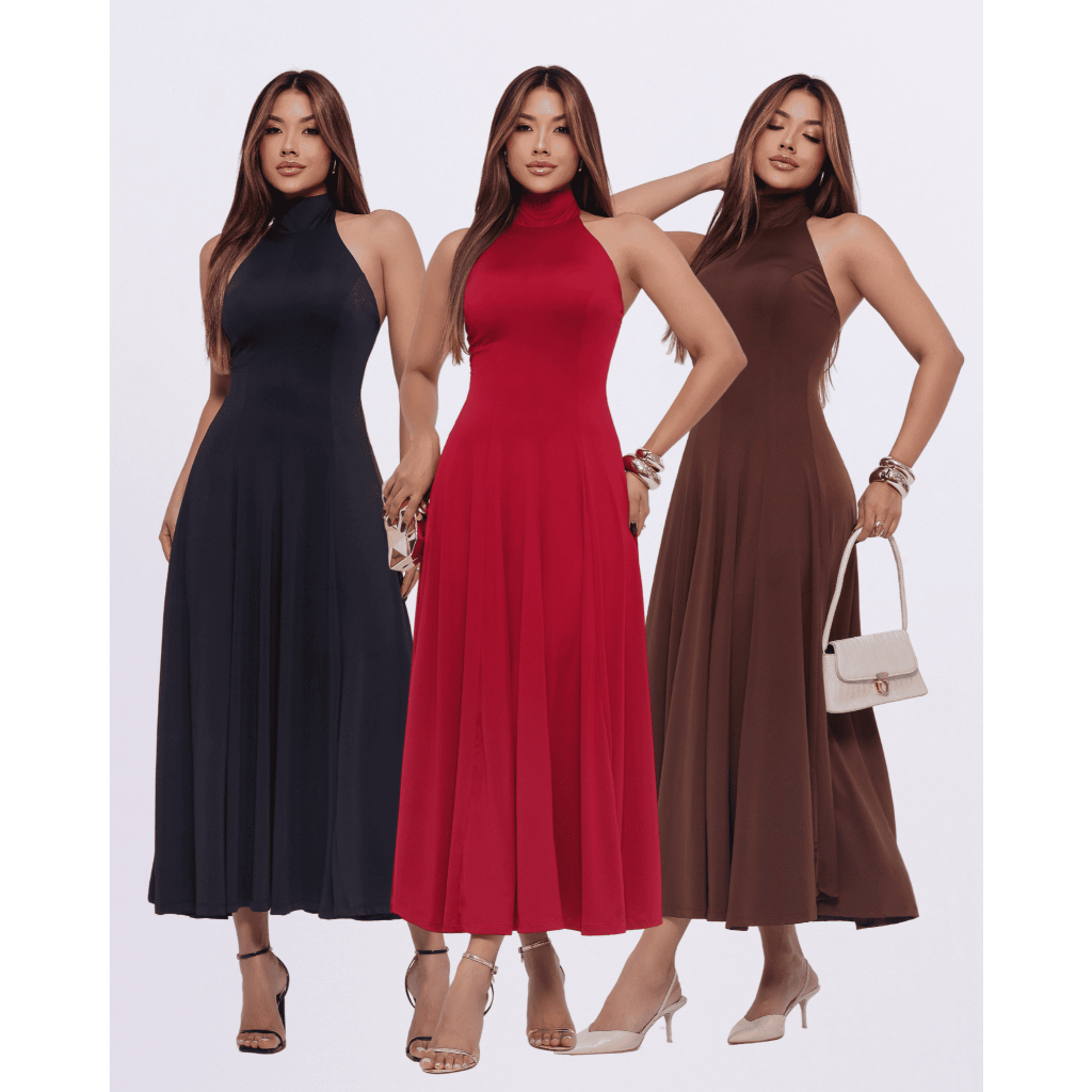 Vestido Feminino Longo Romantico Elegante Verão Gola Alta Costa Nua Sem Bojo Tipo Blogueira em Oferta na Shopee