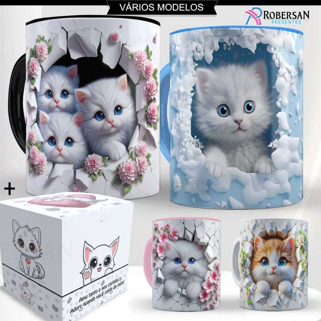 Caneca Gatinho 3D Gato Porcelana Personalizada Pet Fofo Rosa Preto