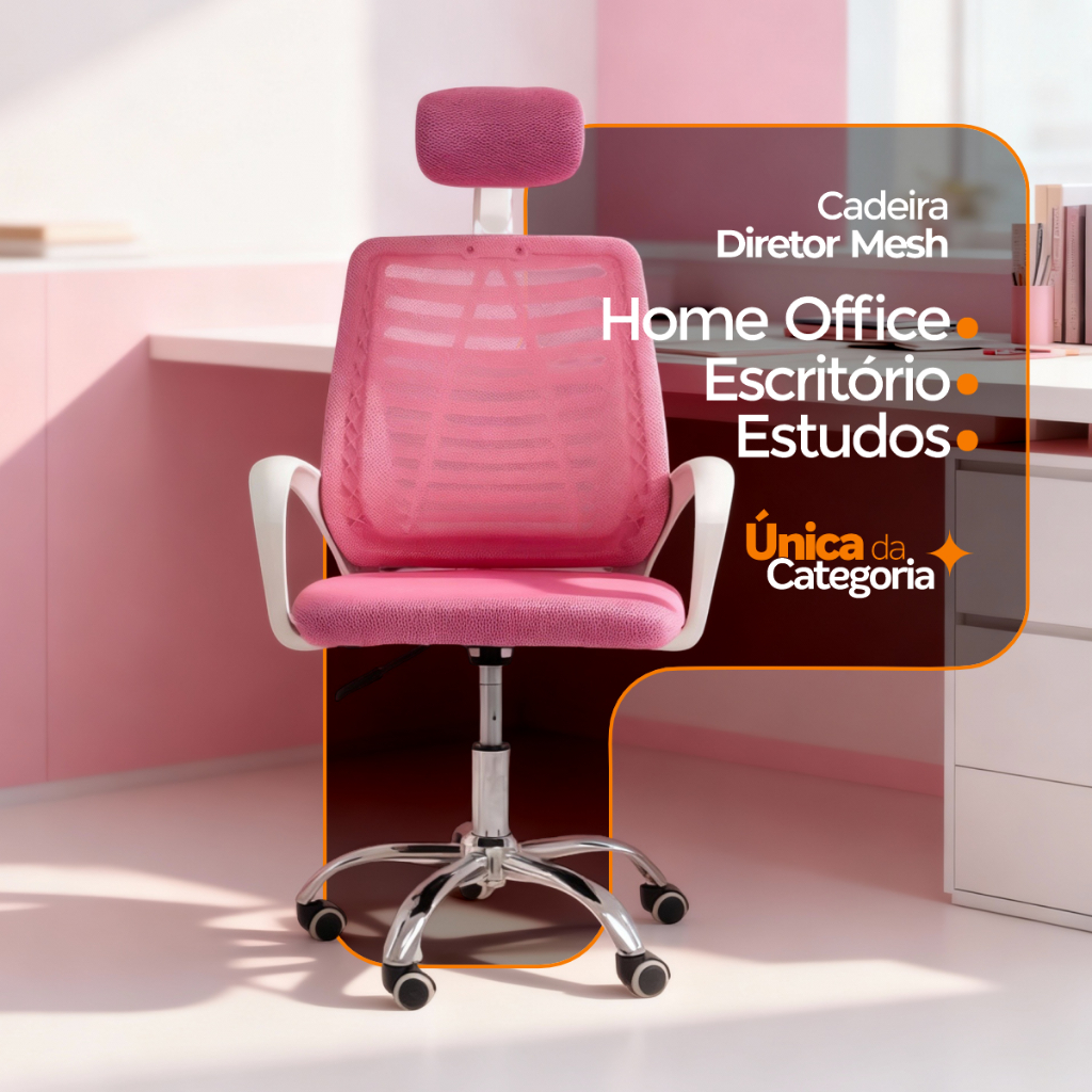 Cadeira de Escritório Ergonômica Diretor Viena Rosa com Tela Mesh e Apoio de Cabeça - Oficial Webshop