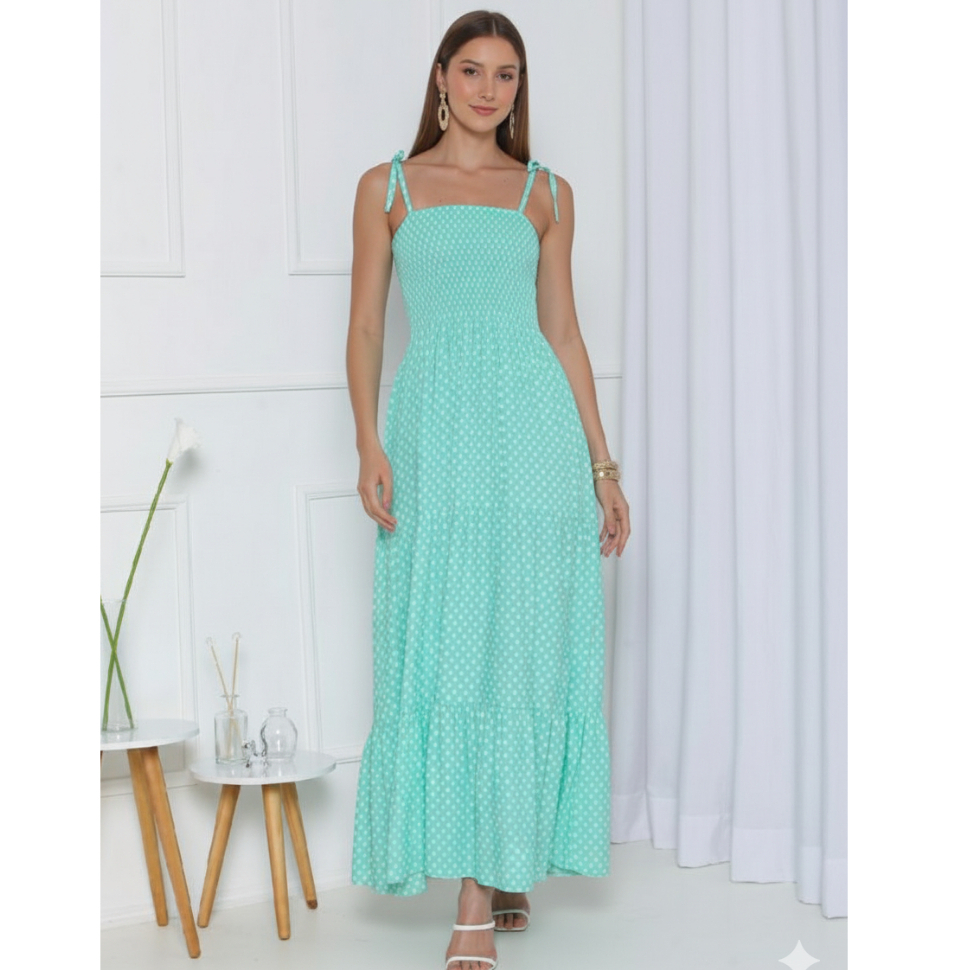 Vestido Longo Feminino de Poá Três Marias Soltinho Lastex Alcinha Regulável Moda Verão Tendência 2026