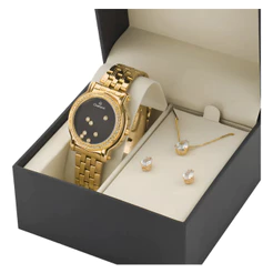 Relógio Feminino Champion Dourado Com Strass Digital Kit Colar e Brincos CH48055H