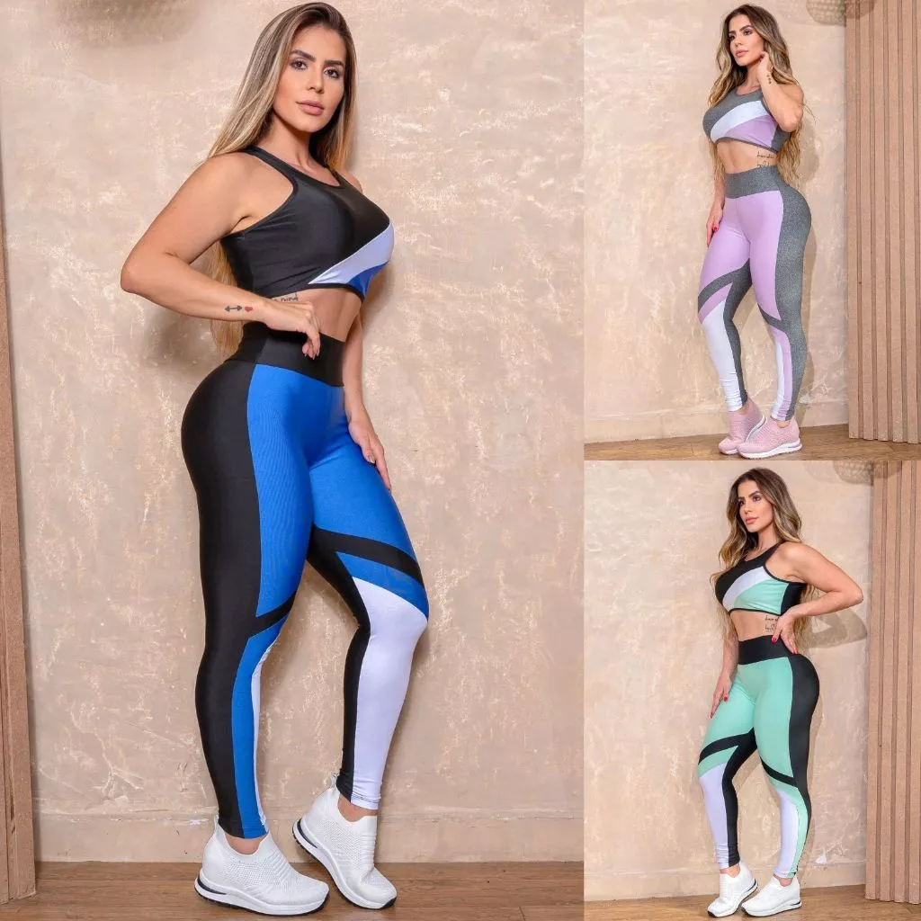 Conjunto Academia Fit Cropped sem Bojo Calça Cós Alto Recortes Coloridos Vazado nas Costas Promoção — imagem 1