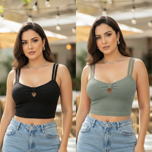 Kit 2 Cropped Canelado com Bojo Feminino – Alça Fina Dupla, Decote Coração, Malha Ribana Premium Blusinha TOP ESTILOSA