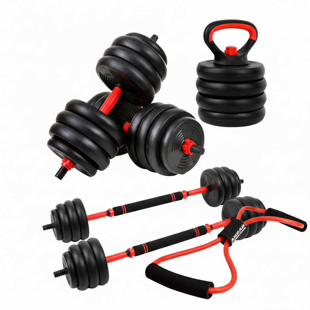 Kit Halteres Barra Kettlebell 6 em 1 Ajustavel até 40kg com Extensor para Treino Completo