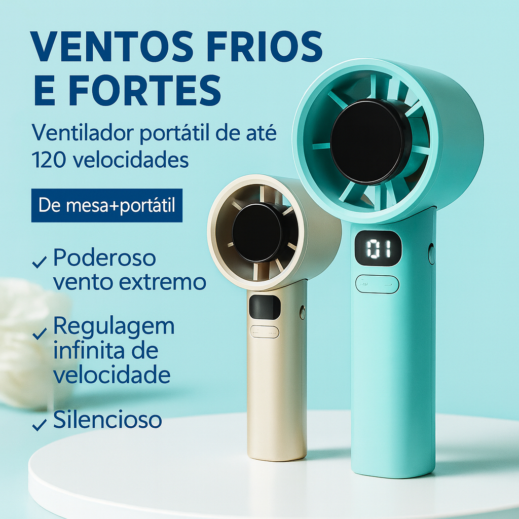 Mini Ventilador Portátil Recarregável | 120 Níveis, USB-C, Display LED, Potente e Compacto 5V