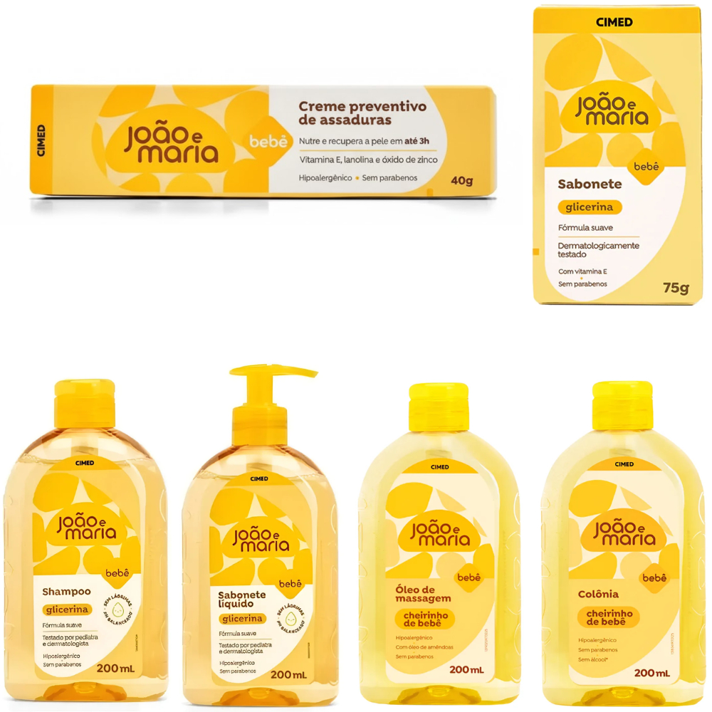 KIT 6 ITENS JOÃO E MARIA SHAMPOO 200ML, SAB. LIQ 200ML, SAB. EM BARRA, COLÔNIA, POMADA E ÓLEO
