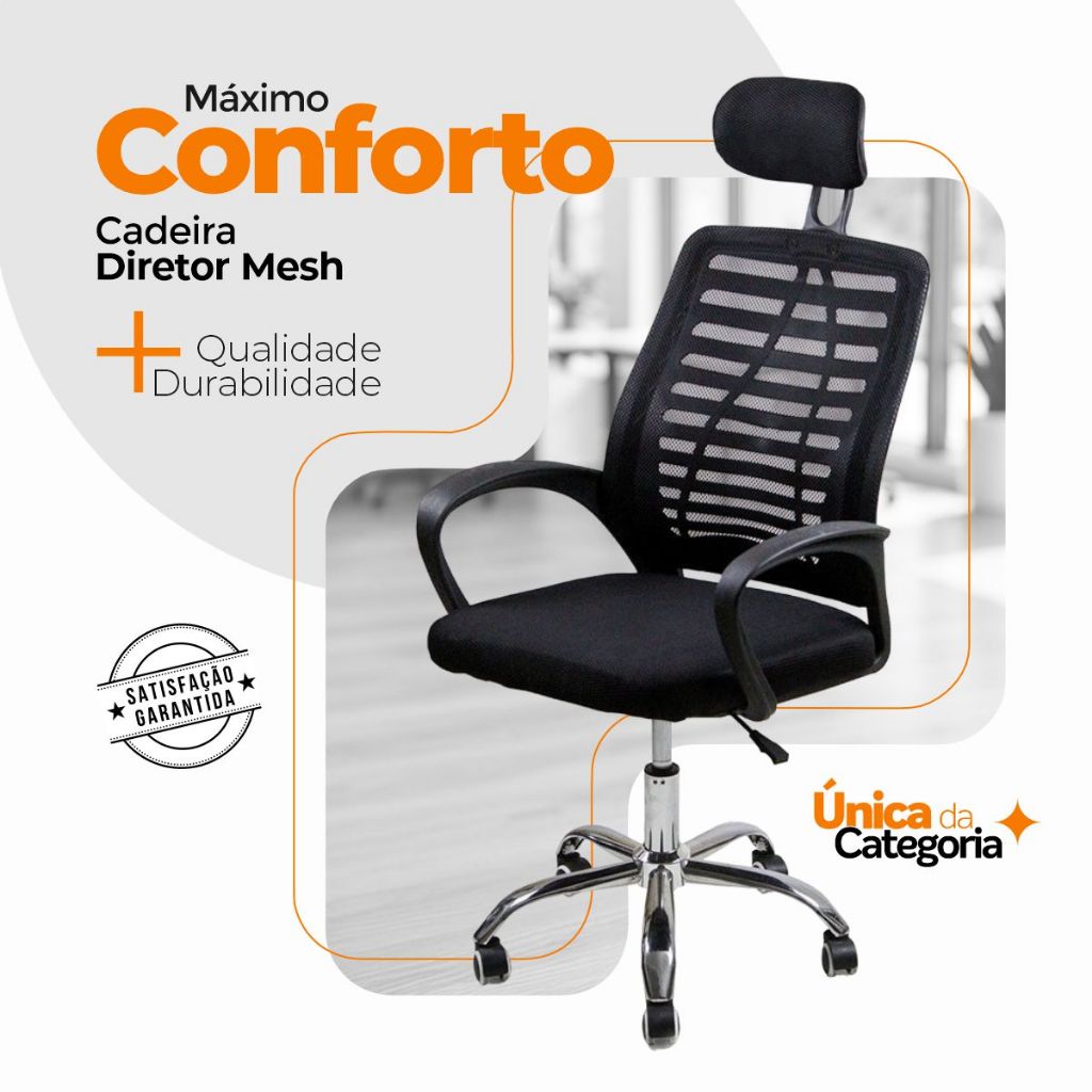 Cadeira de Escritório Ergonômica e Confortável com Tela Mesh, Base Giratória e Apoio de Cabeça