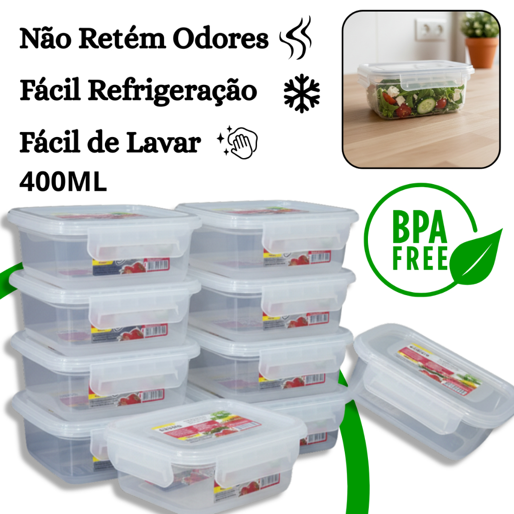 Kit 10 Pote Marmita Hermético 400ml Retangular Tampa com Trava Livre de BPA