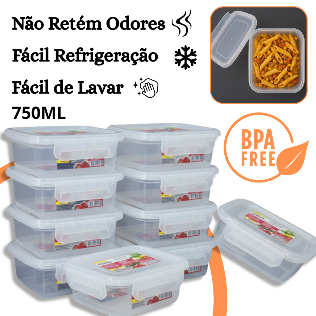 Kit 10 Pote Marmita Hermético 750ml Retangular Tampa com Trava Livre de BPA