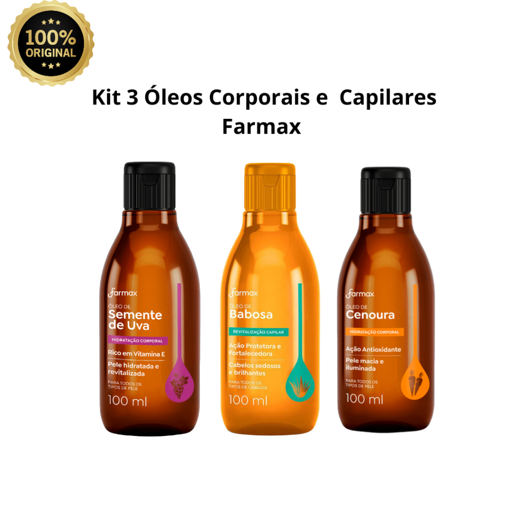 Kit Óleos Corporais e  Capilares Farmax 100ml C/3 Unidades. (cenoura, babosa, semente de uva)