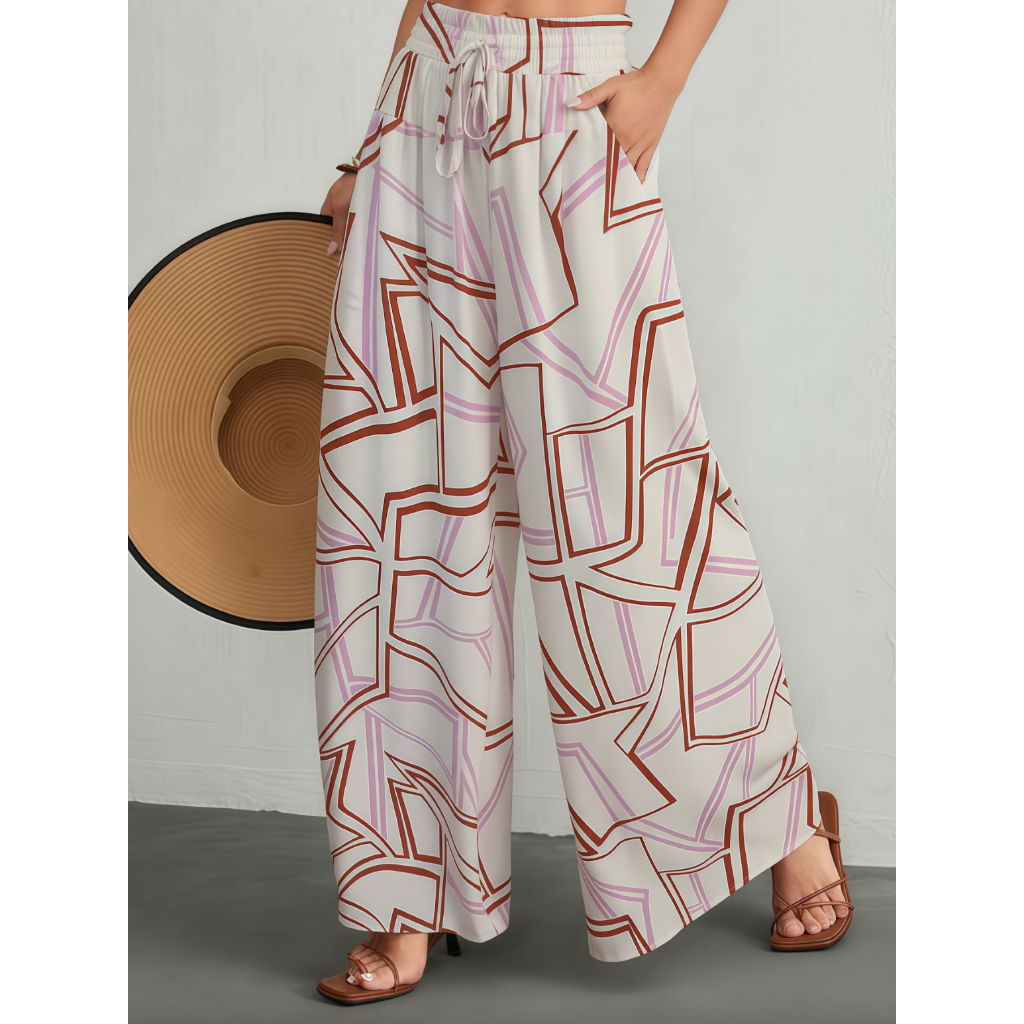 Calça Wide Leg Simples Com Bolso Estampada Completa Para Mulheres, Uso Casual Diário P M G