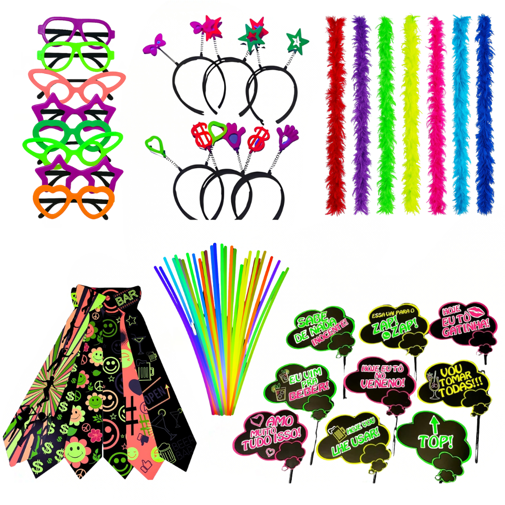 Kit Festa Neon 150 Peças, Pulseiras, Óculos, Tiaras, Gravatas, Plaquinhas, Marabus, Acessórios para Balada - Casamento em Oferta na Shopee