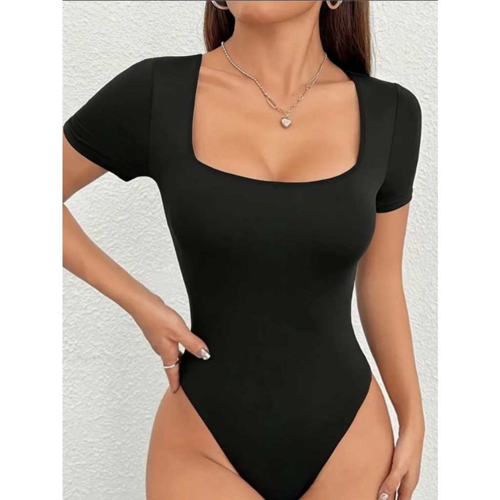 MANGA Decote  Body Feminino Suplex Manga Curta Decote Quadrado Manguinha Decotado Forro Duplo Tecido Premium
