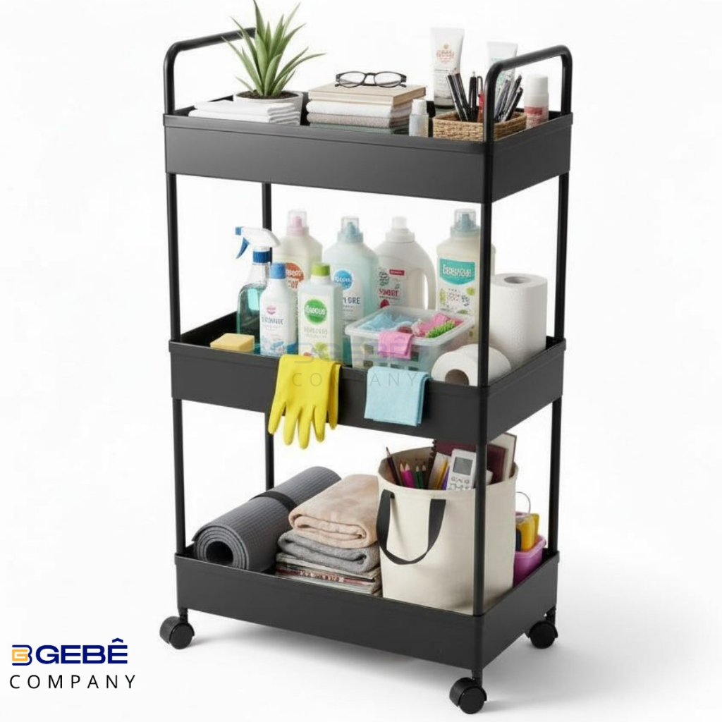 Carrinho Organizador Multiuso com 03 Prateleiras Preto Casa Cozinha Escritório Prático Funcional