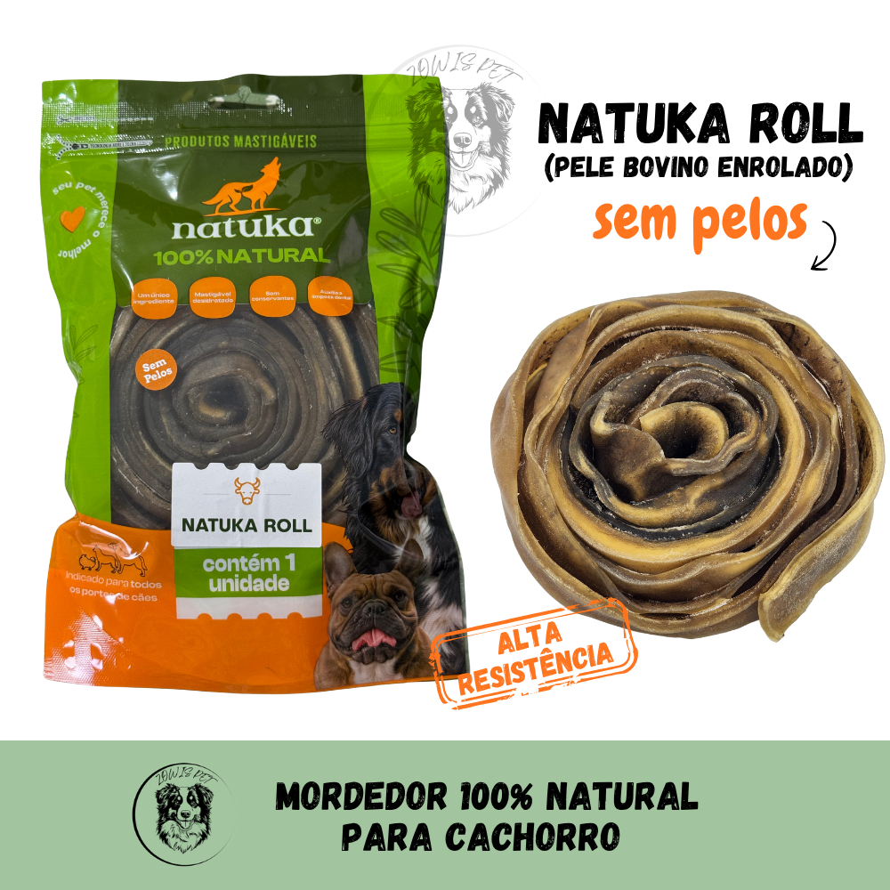 Natuka Roll Mordedor Sem Pelos Resistente Natural para Cães Couro Pele Bovina Desidratado Enrolado