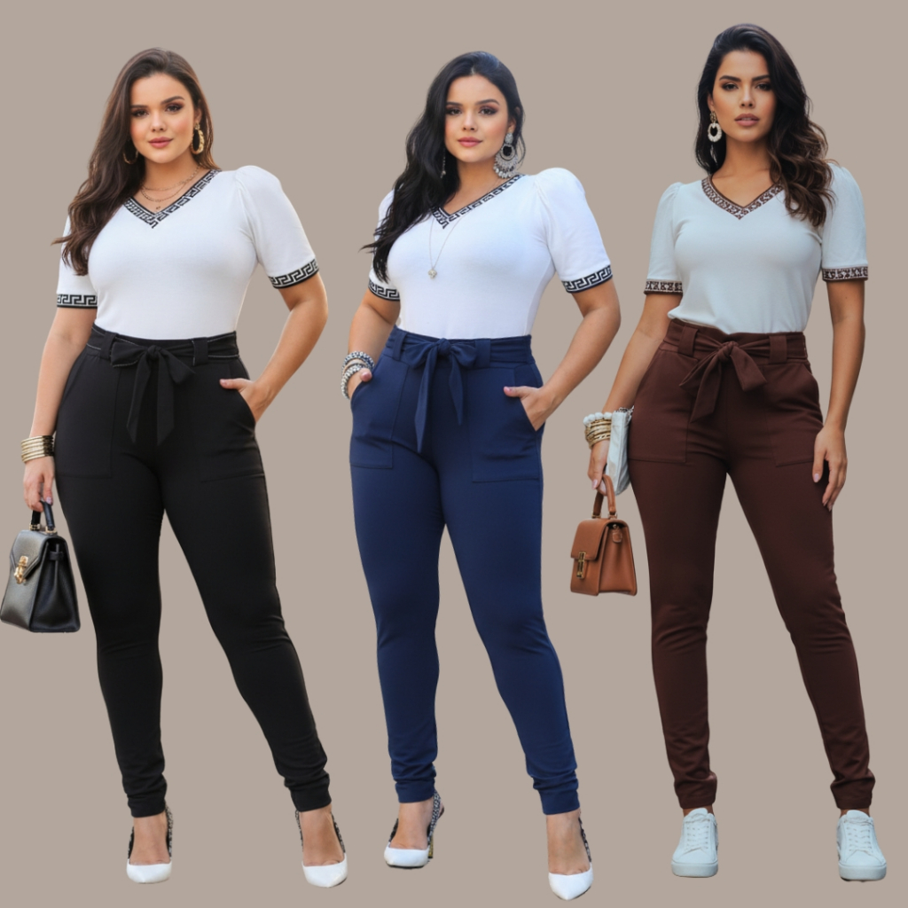 Conjunto Feminino Blusa Decote V Detalhe Grego+Calça Cintura Alta Jogger eLaço Confortáveis Elegante