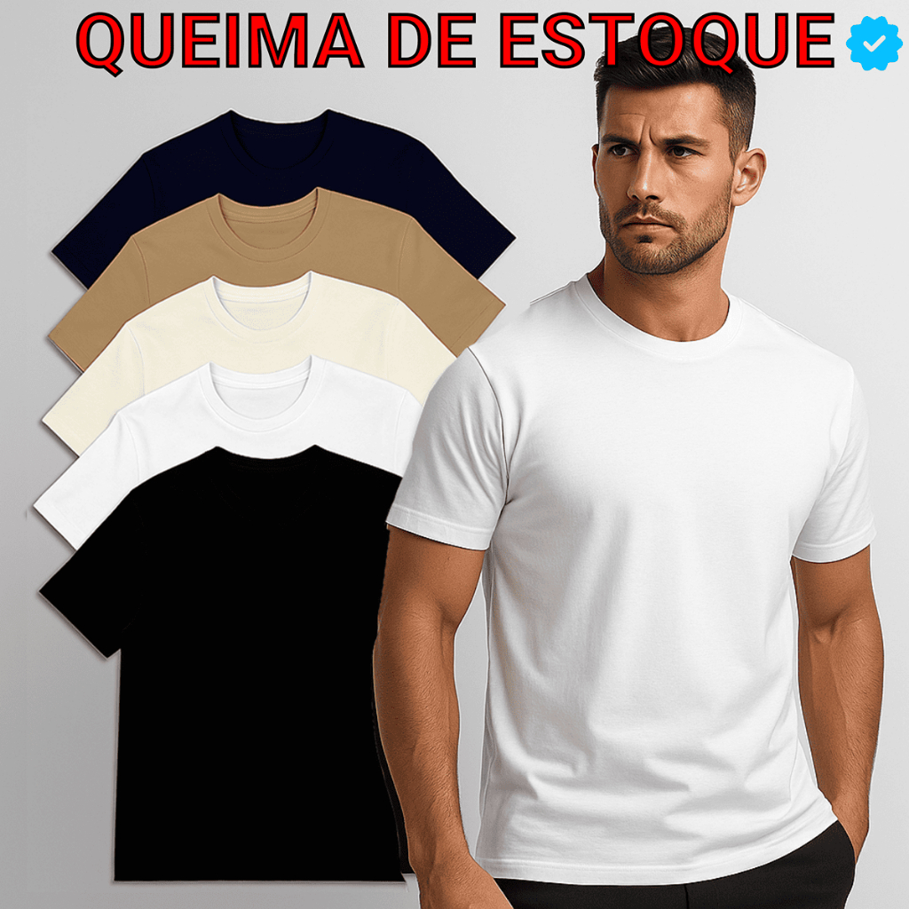 KIT 5 Camiseta Básica Masculina 100% Algodão Lisa Slim Fit Premium Básica Casual Dia a Dia Academia