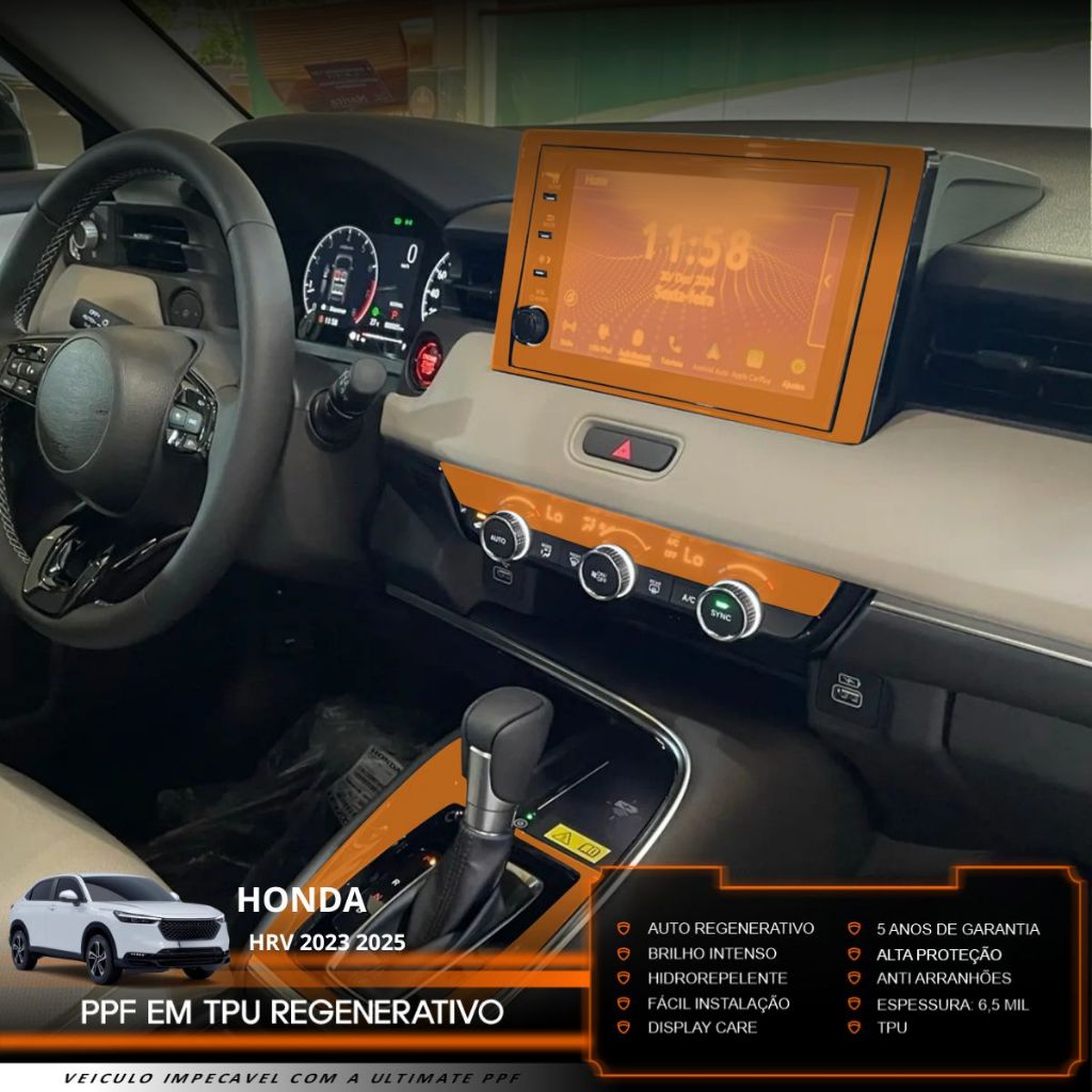 Película PPF Proteção Kit Console Central Multimídia Honda HR-V Advance 2023 2024 2025 TPU Anti Risco