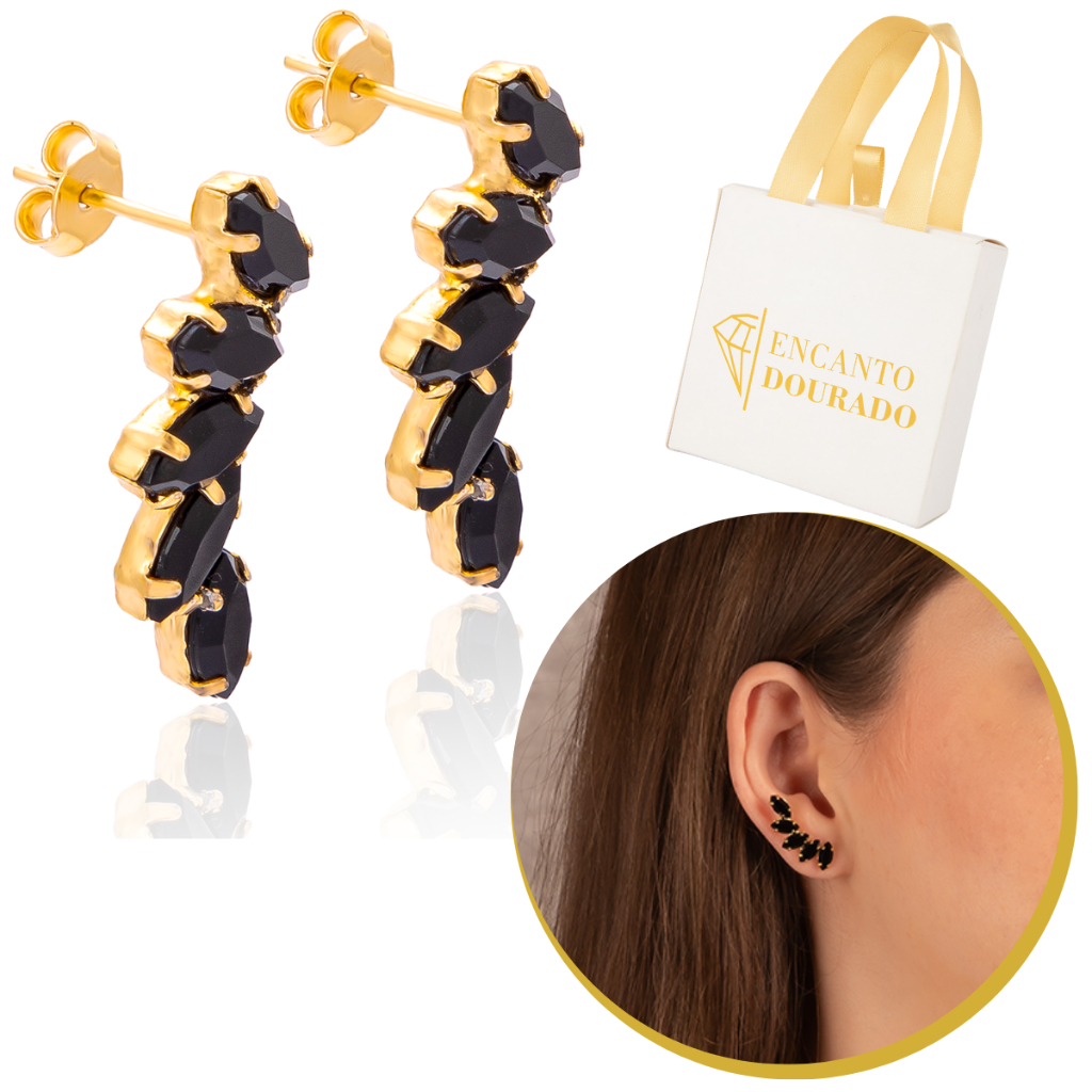 Brinco Estilo Ear Cuff Feminino Banhado A Ouro Zircônia Cor Preto em Oferta na Shopee