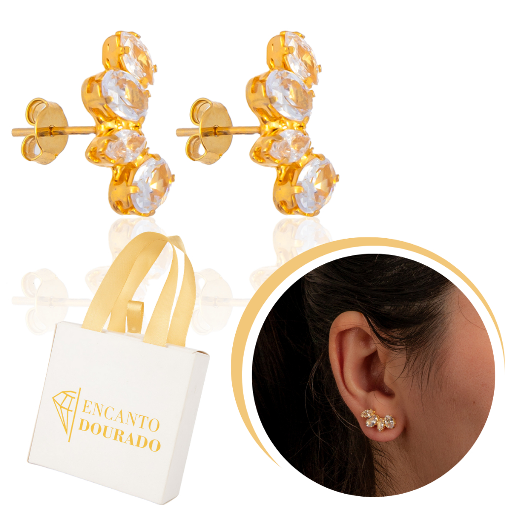 Brincos Feminino Banhado a Ouro Pedra Zircônia Moda
