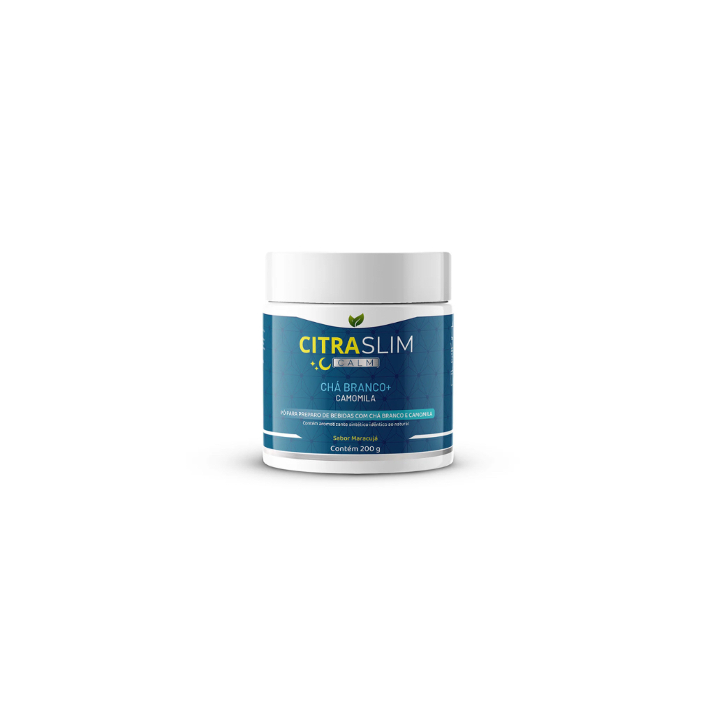 Chá relaxante  Trends Health, com chá branco, camomila e maracujá. Reduz o estresse e promove bem-estar emocional.