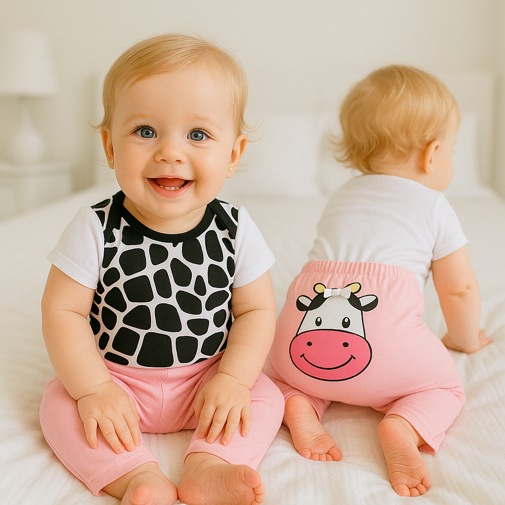 Conjunto Body Com Calça Bebê Menina – Estampa Vaquinha no Bumbum Tamanho de 01 a 04 Meses - Confortável e Estiloso