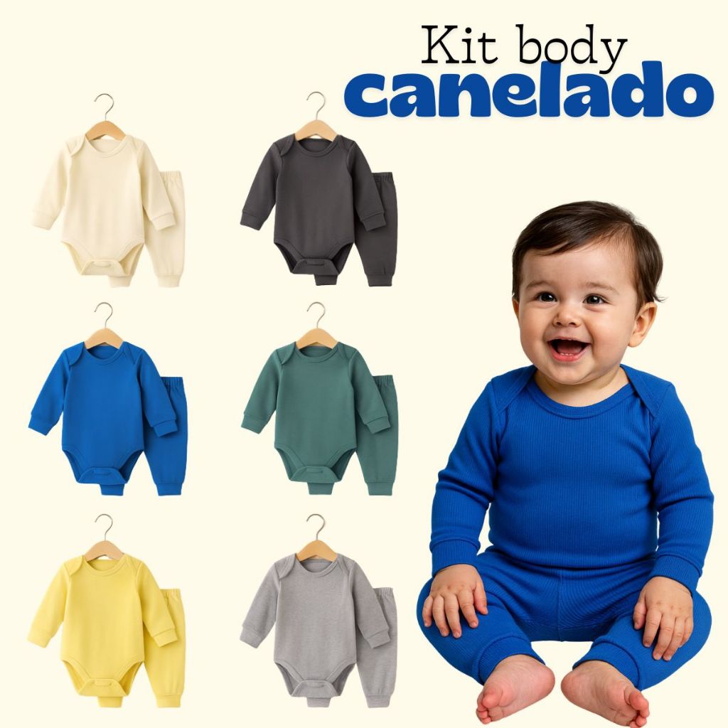Kit 4 ou 6 Peças Body Bebê Menino CANELADO Algodão Body Manga Longa e Calça Tamanho RN ao GG