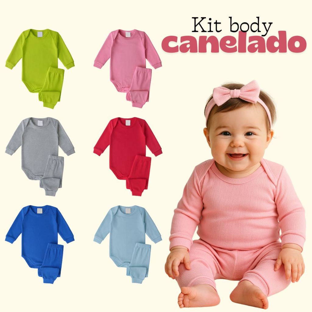 Kit 4 ou 6 Peças Body Bebê Menina CANELADO Longo Algodão Tamanho RN ao GG