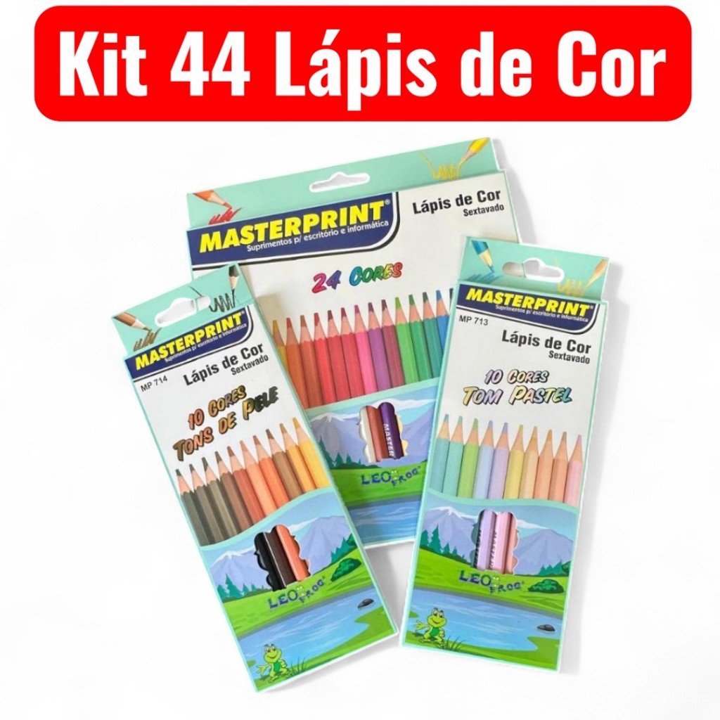 Kit 44 Lápis de Cor (24 CORES + 10 Cores Tom Pastel +10 Cores Tons de Pele) Escolar Sextavado