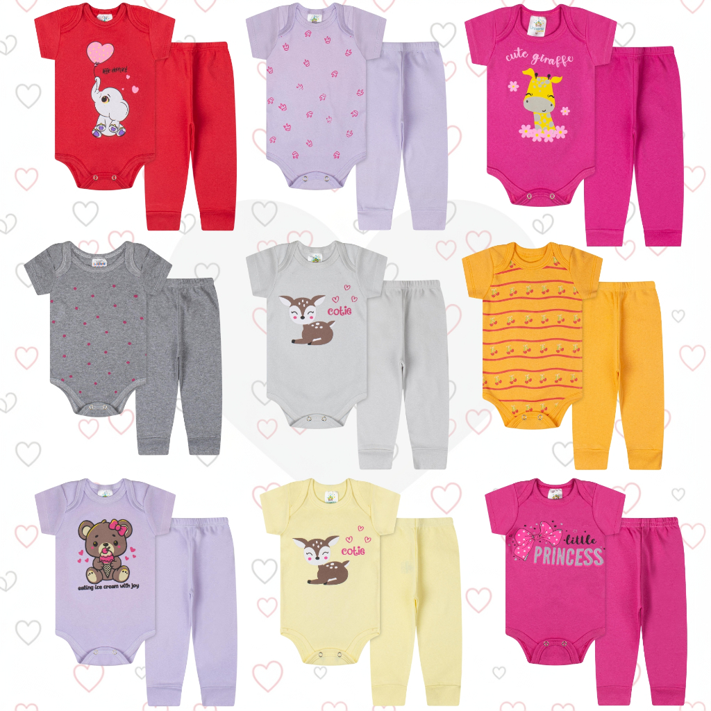 kit 10 peças Body Curto e Calça Mijão - 5 conjuntos Femininos Kit Roupa Bebê Menina