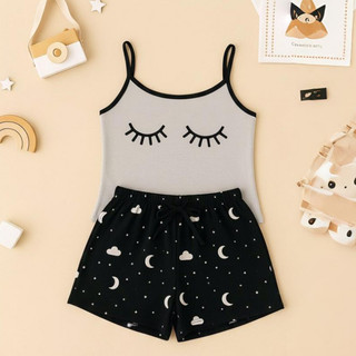 Baby Doll Cilios Fofo Cinza Malha Premium Pijama Feminino Adulto Short e Alça Fina Verao Confortavel