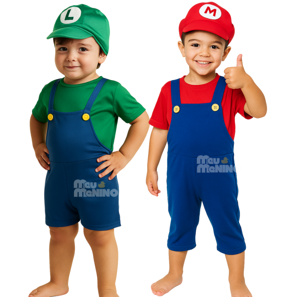 Fantasia Super Mario e Luigi Com Chapéu Vermelha Azul Macacão Carnaval em Oferta na Shopee